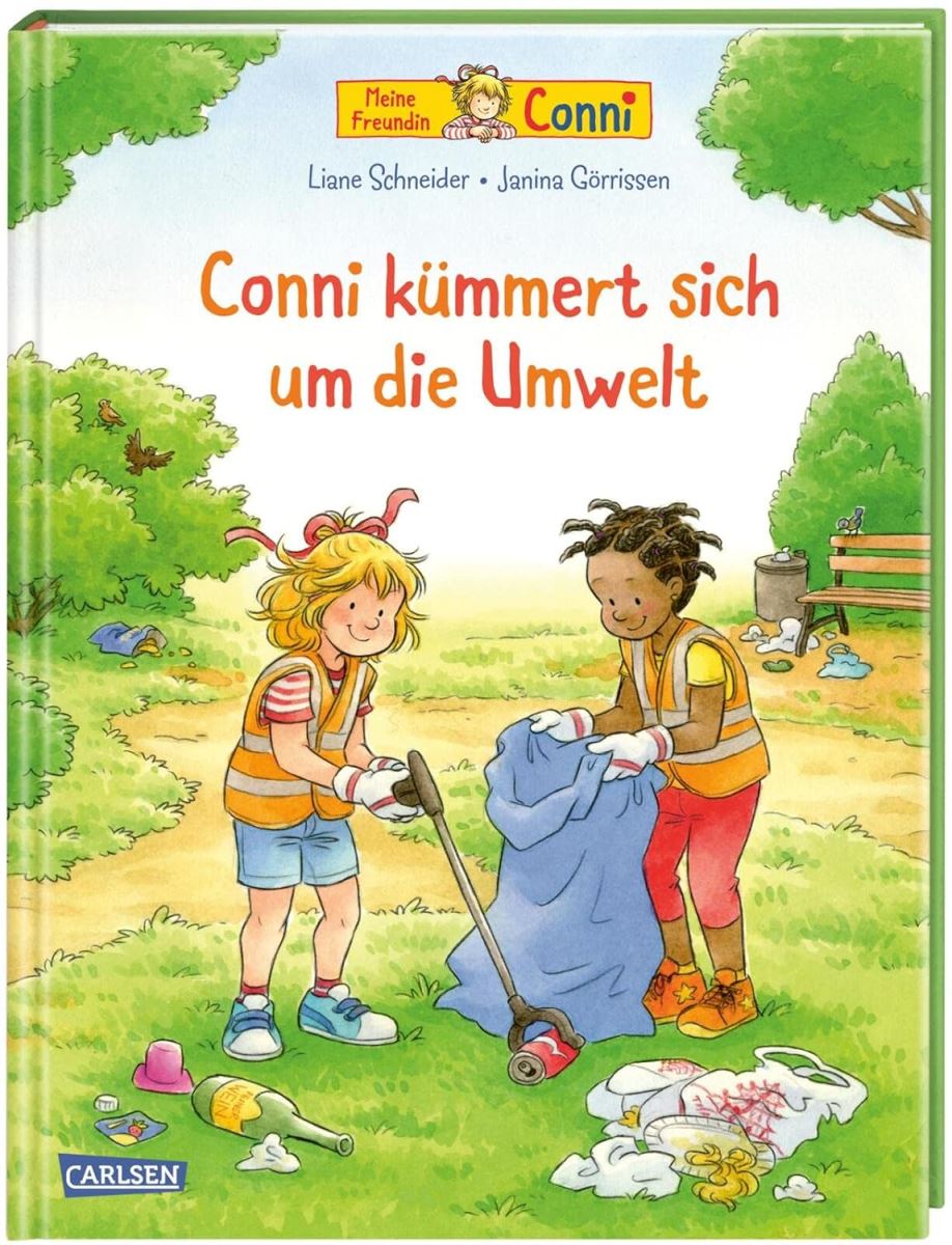 Buchcover mit Illustration: Conni und eine Freundin beim Müllsammeln