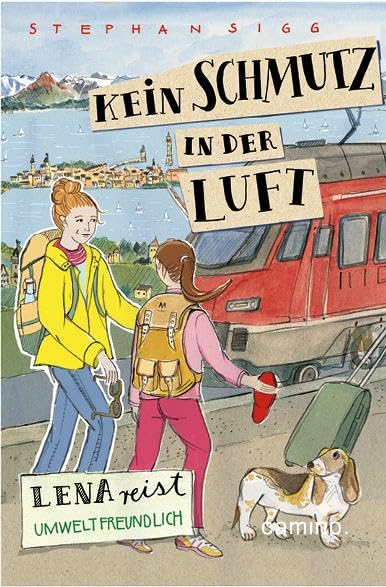 Buchcover mit Illustration. Ein Mädchen und eine Frau mit Rucksäcken und Hund auf einem Bahnsteig.